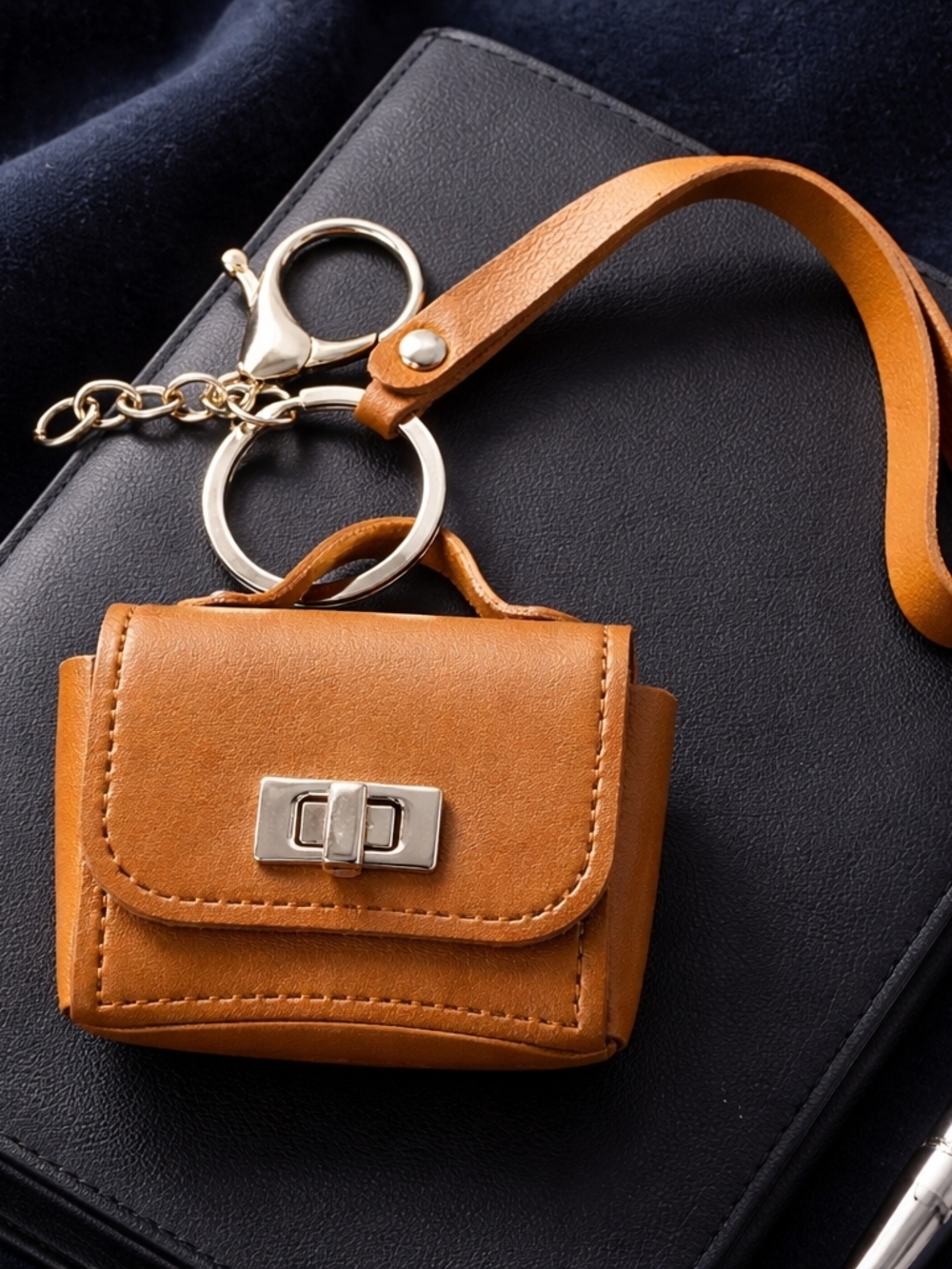 Brown Mini Bag Keychain with Gold Hardware,Coins Bag